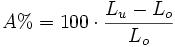  A% = 100 \cdot \frac {L_u-L_o}{L_o} 