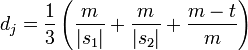 d_j = \frac{1}{3}\left(\frac{m}{|s_1|} + \frac{m}{|s_2|} + \frac{m-t}{m}\right)