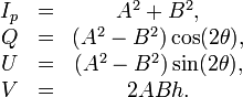 
\begin{matrix}
I_p & = & A^2 + B^2,           \\
Q   & = & (A^2-B^2)\cos(2\theta), \\
U   & = & (A^2-B^2)\sin(2\theta),  \\
V   & = & 2ABh.     \\
\end{matrix}
