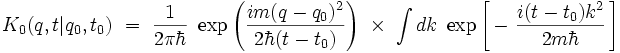 K_0(q,t|q_0,t_0) \ = \ \frac{1}{2 \pi \hbar} \ \exp \left( \frac{i m(q-q_0)^2}{2 \hbar (t-t_0)}  \right) \ \times \ \int dk \ \exp \left[ \, - \ \frac{i (t-t_0) k^2}{2m\hbar} \, \right]