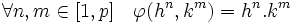 \forall n, m \in [1,p] \quad \varphi(h^n,k^m)= h^n.k^m