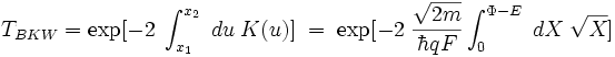 T_{BKW}=\exp[-2\;\int_{x_1}^{x_2}\;du\;\Kappa(u)]\;=\;\exp[-2\;\frac{\sqrt{2m}}{\hbar qF}\int_{0}^{\Phi-E}\;dX\;\sqrt{X}]