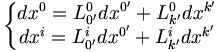 \left\{\begin{matrix}
dx^{0}=L_{0'}^{0}dx^{0'}+L_{k'}^{0}dx^{k'}\\
dx^{i}=L_{0'}^{i}dx^{0'}+L_{k'}^{i}dx^{k'}
\end{matrix}\right.