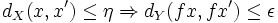 d_X(x,x')\leq \eta\Rightarrow d_Y(fx,fx')\leq \epsilon