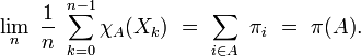 \lim_{n}\; \frac{1}{n} \; \sum_{k=0}^{n-1} \chi_A(X_k)\ 
=\ \sum_{i\in A}\ \pi_i\ =\ \pi(A).