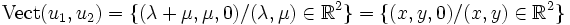 {\rm Vect}(u_1, u_2)=\{(\lambda+\mu,\mu,0)/(\lambda,\mu)\in\mathbb{R}^2\}=\{(x,y,0)/(x,y)\in\mathbb{R}^2\}