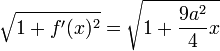 \sqrt {1 + f'(x)^2} = \sqrt{1 + \frac {9a^2}4 x}