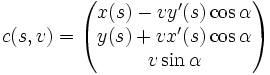 c(s,v)=\begin{pmatrix}
x(s)-vy'(s)\cos\alpha\\
y(s)+vx'(s)\cos\alpha\\
v\sin\alpha
\end{pmatrix}
