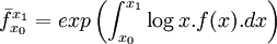 \bar{f}_{x_0}^{x_1} = exp\left(\int_{x_0}^{x_1}{\log{x}.f(x).dx}\right)