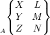 \begin{matrix}
 \\
 \\
_A \\
\end{matrix}
\begin{Bmatrix}
X & L \\
Y & M \\
Z & N \\
\end{Bmatrix}