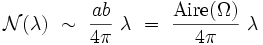
\mathcal{N} (\lambda) \ \sim \ \frac{ab}{4 \pi} \ \lambda \ = \ \frac{\mathrm{Aire} (\Omega)}{4 \pi} \ \lambda 
