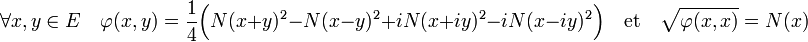 \forall x,y \in E \quad \varphi(x,y)=\frac14\Big(N(x+y)^2 - N(x-y)^2 + iN(x+iy)^2 - iN(x-iy)^2\Big)\quad \text{et} \quad \sqrt{\varphi(x,x)}=N(x)