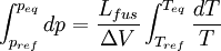 \int_{p_{ref}}^{p_{eq}}dp = \frac {L_{fus}}{\Delta V}\int_{T_{ref}}^{T_{eq}} \frac{dT}{T}~