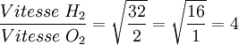 \frac{Vitesse \; H_{2}}{Vitesse \; O_{2}}=\sqrt{\frac{32}{2}}=\sqrt{\frac{16}{1}}=4