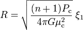 R = \sqrt{\frac{(n + 1) P_{\rm c}}{4 \pi G \mu_{\rm c}^2}} \; \xi_1