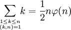 \sum_{1\le k\le n \atop (k,n)=1}\!\!k = \frac{1}{2}n\varphi(n)