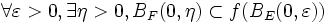 \forall \varepsilon > 0, \exists \eta > 0, B_F(0, \eta) \subset f(B_E(0, \varepsilon))