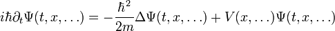 i \hbar \partial _t \Psi(t, x, \ldots)=-\frac{\hbar^2}{2m}\Delta \Psi(t, x, \ldots)+V(x, \ldots)\Psi(t, x, \ldots) 